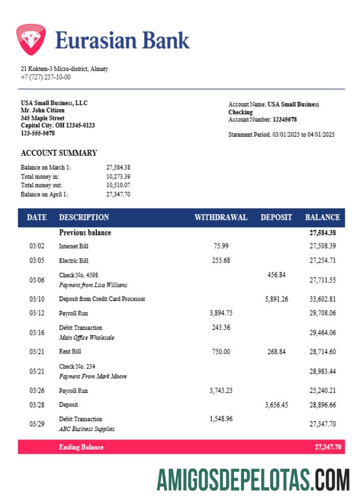 Extrato bancário comercial do Eurasian Bank em formato Word e PDF